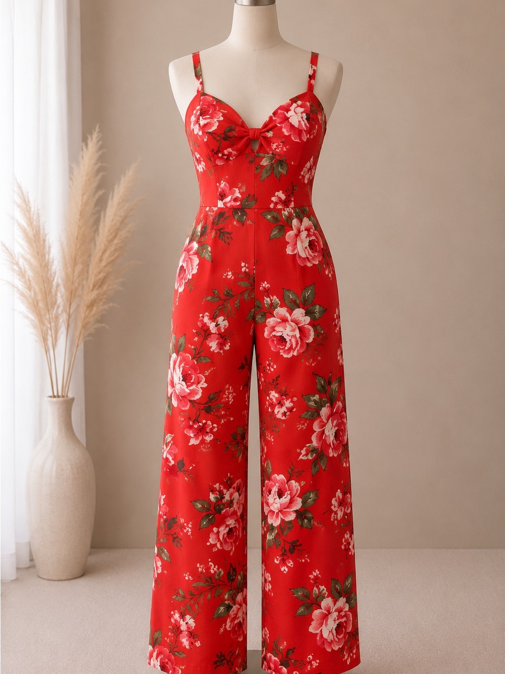Forever 21 Red Floral Wide-Leg Jumpsuit with Bow Detail